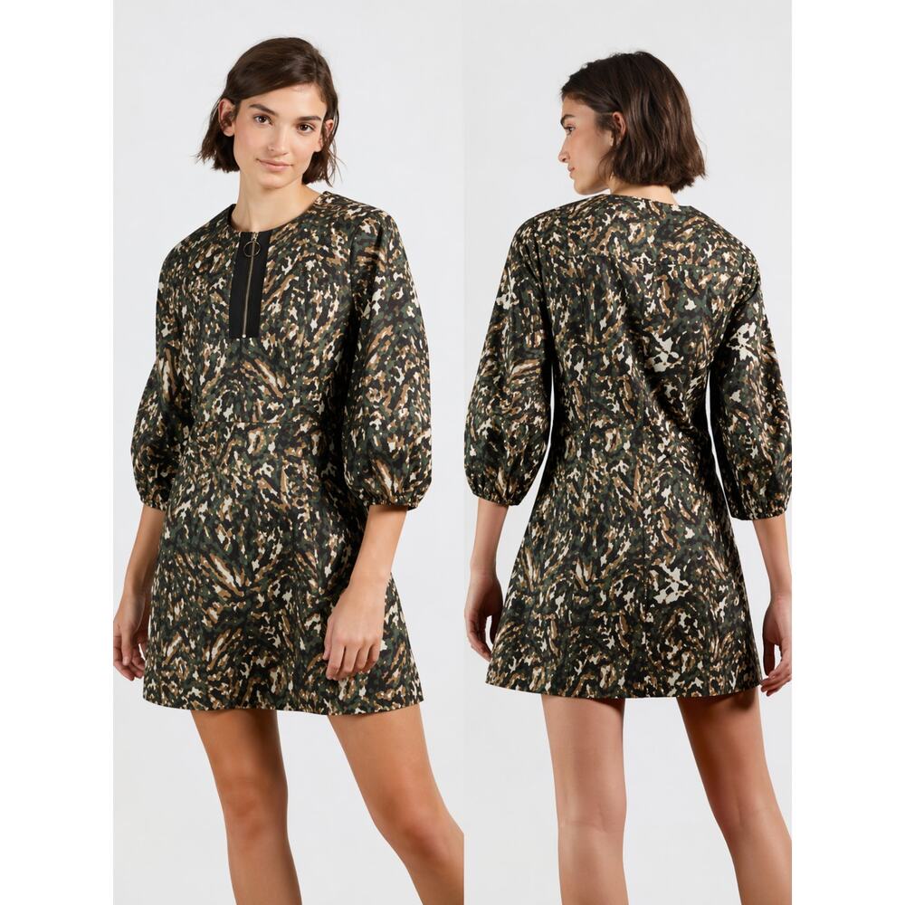 Ted Baker Abstract Print Shift Dress Zip Front 3/4 Sleeve Mini US 4 Minimalist